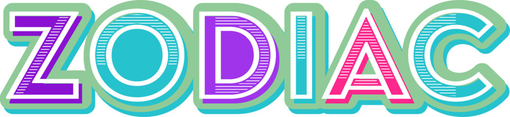 ZODIAC lettering is showing bold colorful patterns on transparent canvas with flat design 3D effect