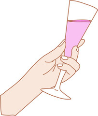Left hand is holding tall champagne flute with pink beverage in flat design, transparent background