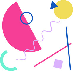 Flat design abstract shapes are floating on transparent backdrop with pink semicircle and blue ring