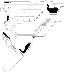 High-tech circuit board element is appearing in transparent overlay, with angular lines and nodes