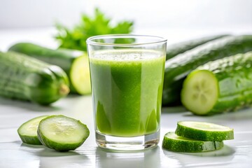 Glass of fresh cucumber juice with sliced cucumbers on a white table, surrounded by whole green cucumbers