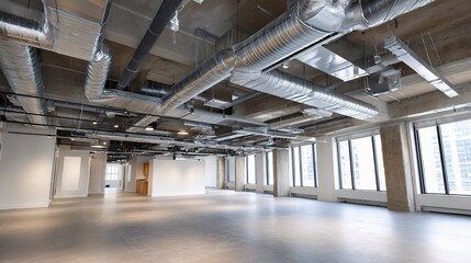 Naklejka premium Spacious Empty Office Interior with Exposed Ductwork and Windows