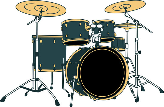 Flat design drum kit is being shown on transparent background with bass drum, toms cymbals hardware