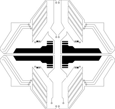 Vector circuit cross is showing black traces circular nodes rectangular blocks on clear background
