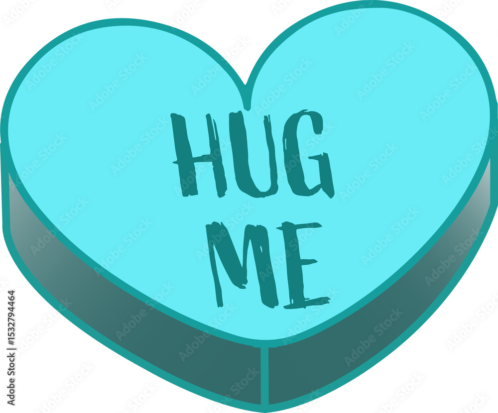 Poster 3d turquoise heart shape is displaying hand-brushed 'hug me' text on transparent background