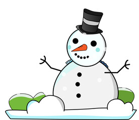 Cartoon flat design snowman is wearing striped hat, scarf amid falling snow, transparent background