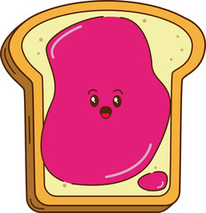Cartoon bread slice is featuring smiling pink jelly blob in flat design, transparent background