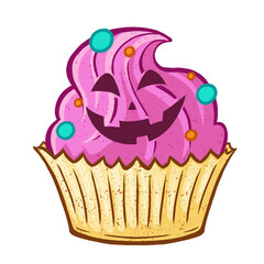 Cupcake is showing pink jack-o-lantern frosting and teal-orange sprinkles, transparent background