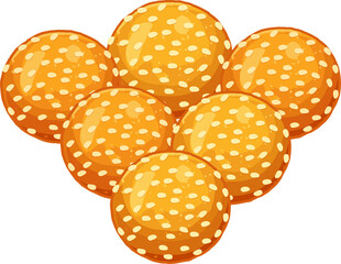 Six golden sesame seed buns are forming triangular cluster in flat design on transparent background
