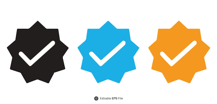 Set of three gear-shaped check mark icons in black, blue, and orange, symbolizing approval, verification, and completion
