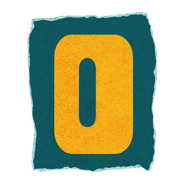 Fototapeta Flat speckled yellow zero sitting on torn teal square, irregular border and transparent background
