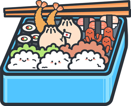 Cartoon bento box design is featuring rice balls, shrimp tempura, sushi on transparent background