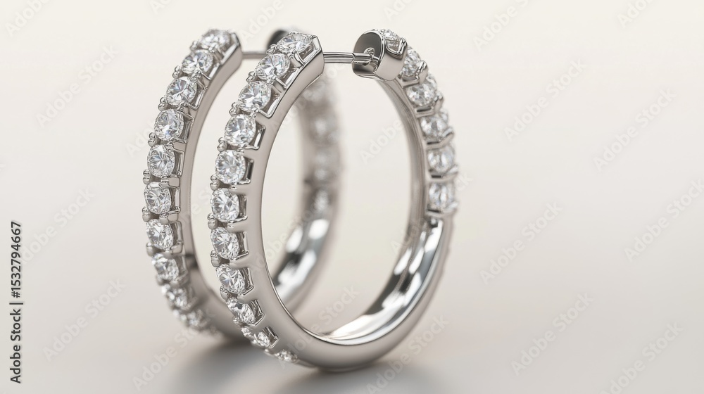 Poster an elegant set of diamond hoop earrings, reflecting light in a dazzling display, positioned on a smo