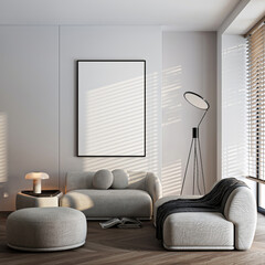 Frame mockup, ISO A paper size. Living room wall poster mockup. Interior mockup with house background. Modern interior design. 3D render
