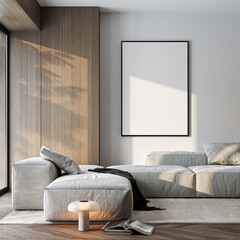 Frame mockup, ISO A paper size. Living room wall poster mockup. Interior mockup with house background. Modern interior design. 3D render
