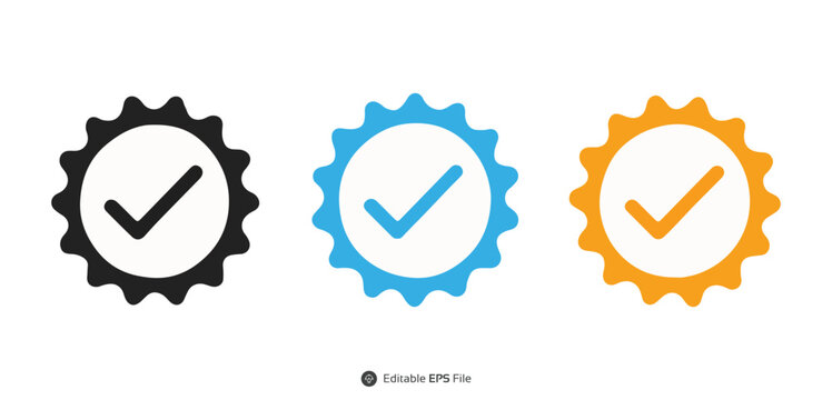 Set of three gear-shaped check mark icons in black, blue, and orange, symbolizing approval, verification, and completion
