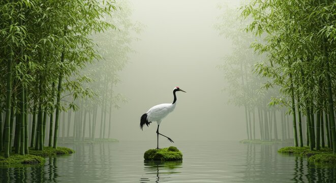 Crane's Serene Stance: A lone crane gracefully balances on a mossy stone, its presence amplified by the enchanting bamboo forest mirroring in the tranquil water, an embodiment of peace and balance.