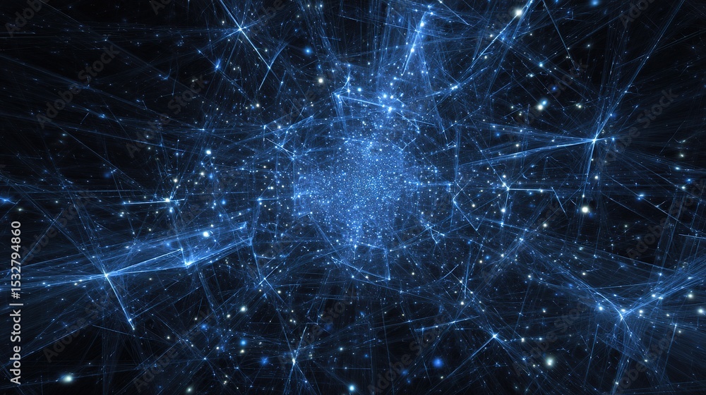 Poster blue digital fractal grid with interconnected elements in space