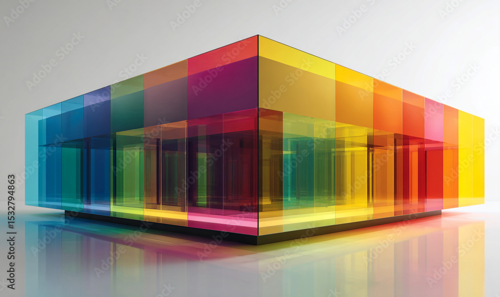 Poster a colorful translucent building structure on a reflective surface against a plain white background