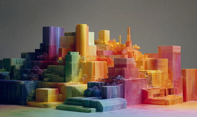 A colorful abstract cityscape made of layered cubes and rectangular prisms on a gradient background
