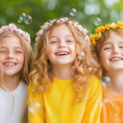 Joyful Children Blowing Bubbles in the Park