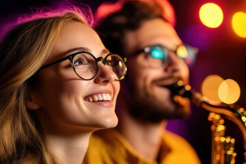 Happy Couple Enjoying Night Out at Jazz Bar