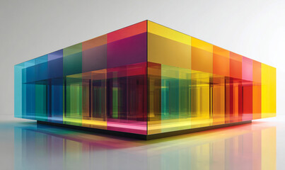 A colorful translucent building structure on a reflective surface against a plain white background