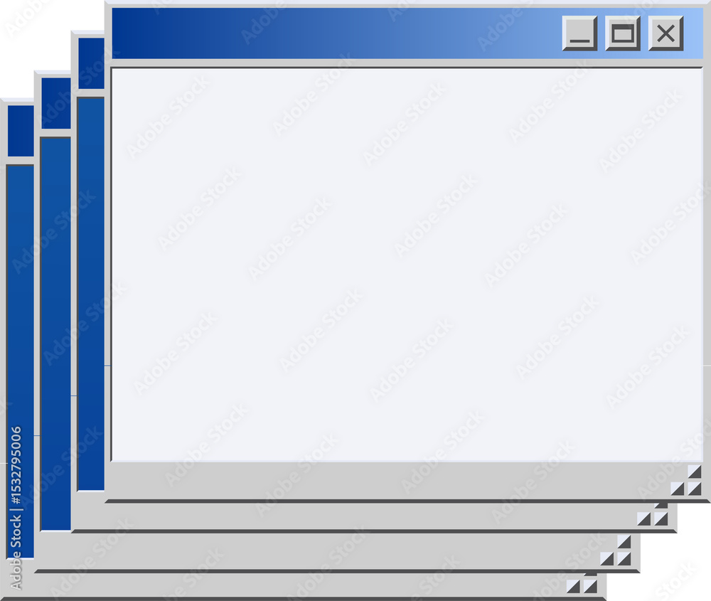 Poster three overlapping windows are showing flat ui on transparent background with icons and handles