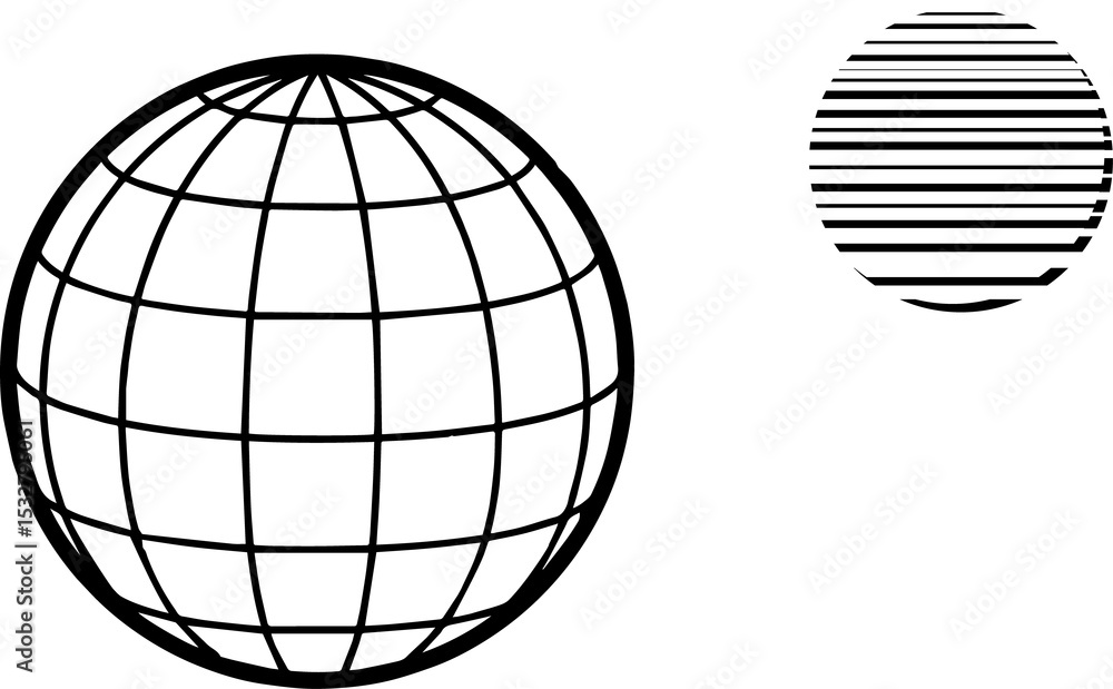 Poster abstract geometric shapes floating on transparent backdrop, showing grid sphere and striped circle