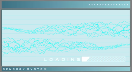 Displaying abstract loading screen on transparent layer with cyan waves, progress bar sensory label