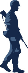 Soldier is walking in flat blue silhouette with rifle, helmet and satchel, transparent background