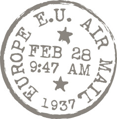 Naklejka premium Flat vintage airmail stamp is featuring worn edges, weathered stars, date on transparent background