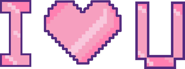 Pixel art graphic is displaying pink letter I, heart icon, letter U on transparent background