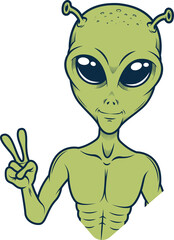 Cartoonish green alien humanoid making peace gesture in flat illustration with transparent backdrop