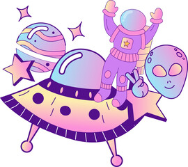 Naklejka premium Flat space art is floating on transparent background with UFO, astronaut and alien head, copy space