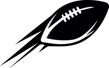 Flat silhouette of American football is flying with angled motion lines on transparent background