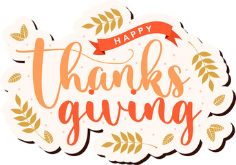 Flat thanksgiving greeting is showing text on transparent background, red ribbon, gold leaves, dots