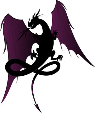 Stylized dragon is flying with membrane wings, tail, claws, horns, whiskers, transparent background