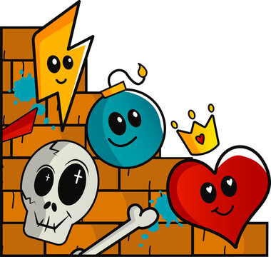 Fototapeta Cartoon graffiti is showing bolt, bomb, royal heart, skull, blue splashes on transparent background
