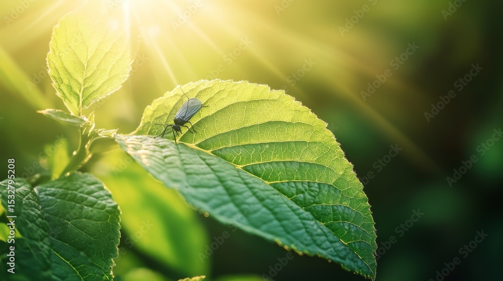 Poster an insect perched on a bright green leaf, with sunlight filtering through the foliage, creating a so