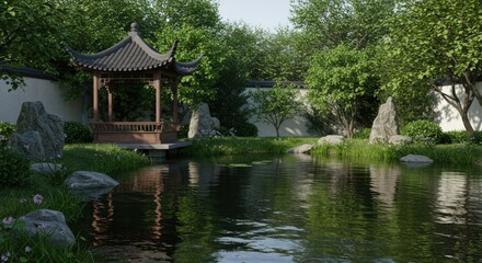 Zen Garden Reflection: A tranquil scene of a traditional gazebo, nestled beside a serene pond in a meticulously landscaped garden, embodies peace and natural beauty.