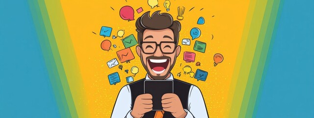 Happy Male Businessman with Tablet and Ideas