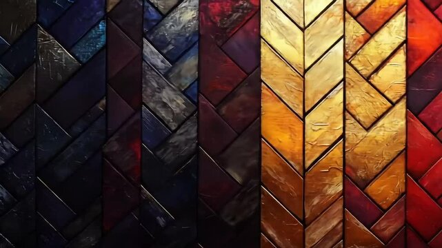 Geometric pattern of vibrant, textured tiles in a herringbone pattern.  Dark, rich colors, including blues, reds, and browns