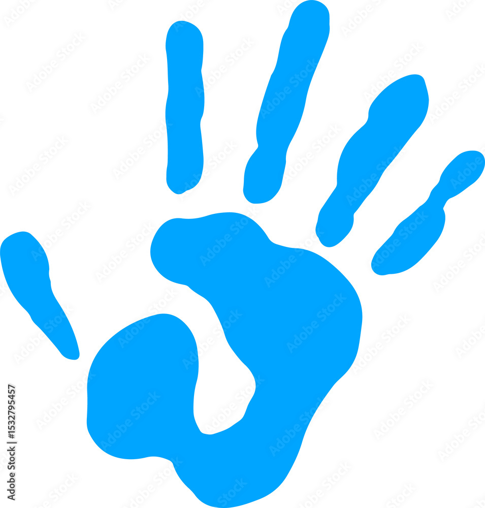 Poster stylized bright blue handprint is floating on transparent background in flat design style