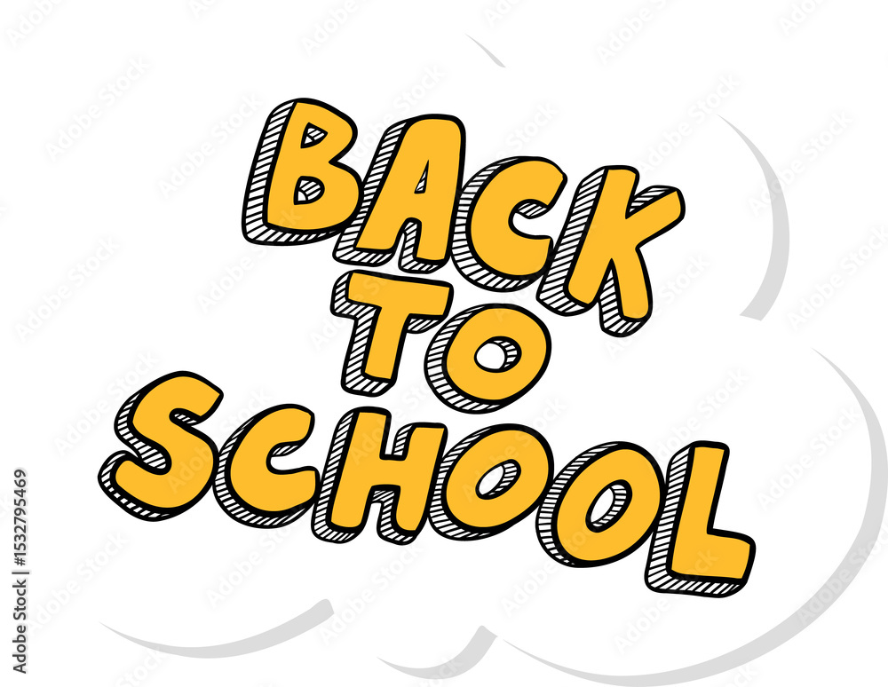 Poster showing vector yellow back to school text on white cloud with gray shadow on transparent background