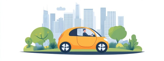 Happy Man Cruising in Electric Car Through Cityscape