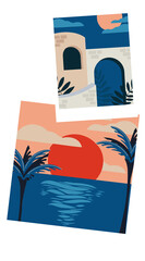 Polaroid-style illustration is showing facade with sunset sea and palms on transparent, copy space