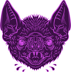 Purple bat head is floating in line-art with pointed ears, sharp fangs on transparent canvas