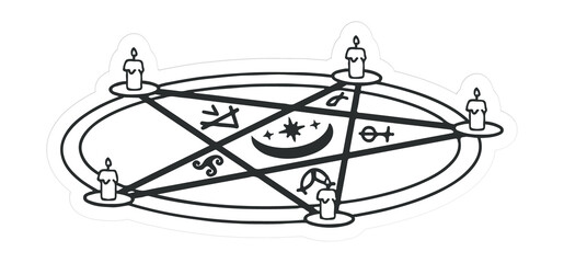 Flat black pentagram icon is showing lit candles and occult glyphs on clear background, copy space
