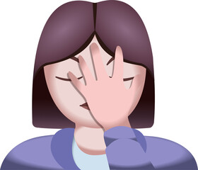 Flat design woman with purple hair is performing facepalm gesture on transparent background